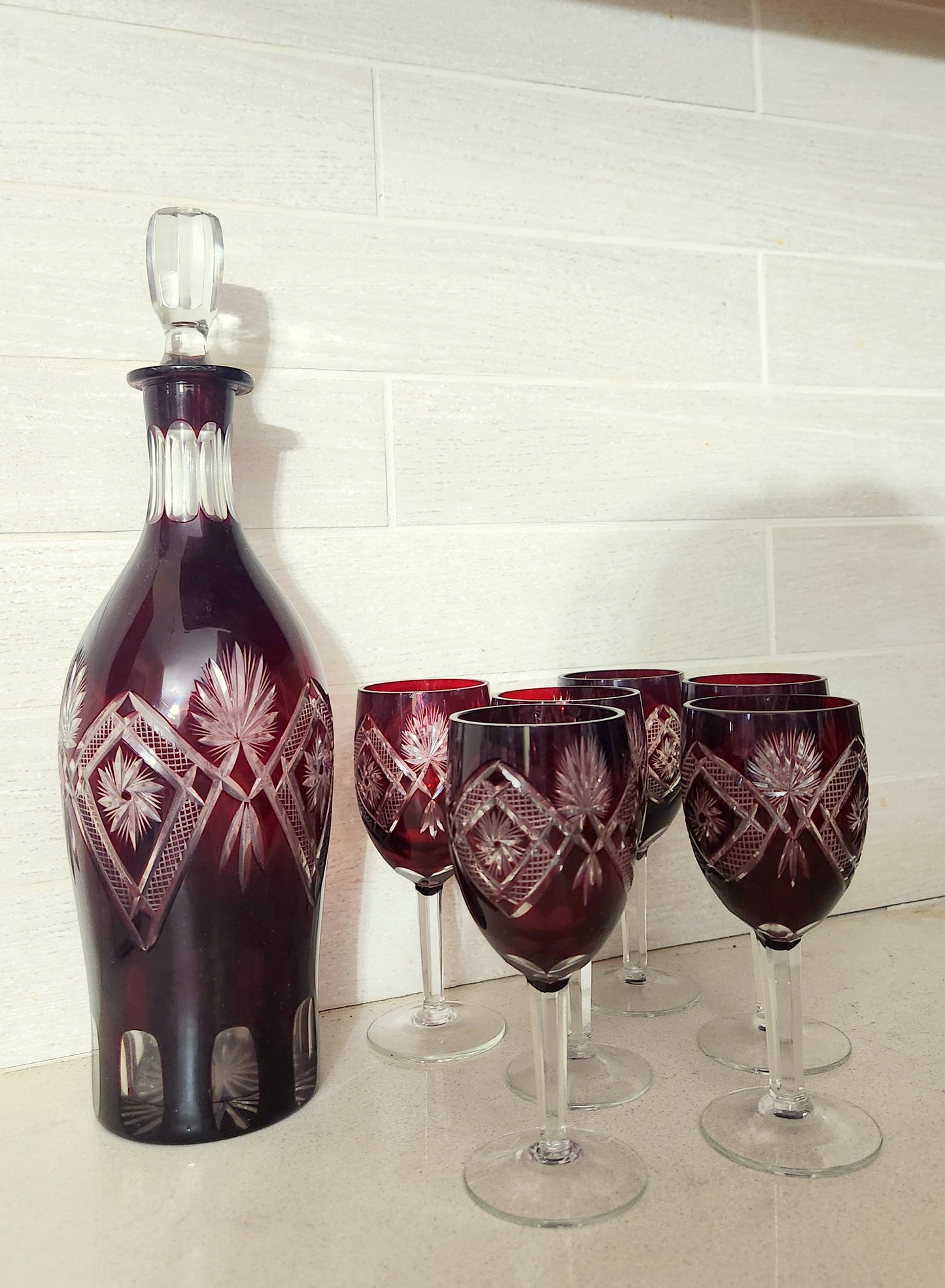 Bohemian Ruby Red Cut-to-Clear Crystal Decanter & 6 Wine Goblets Set