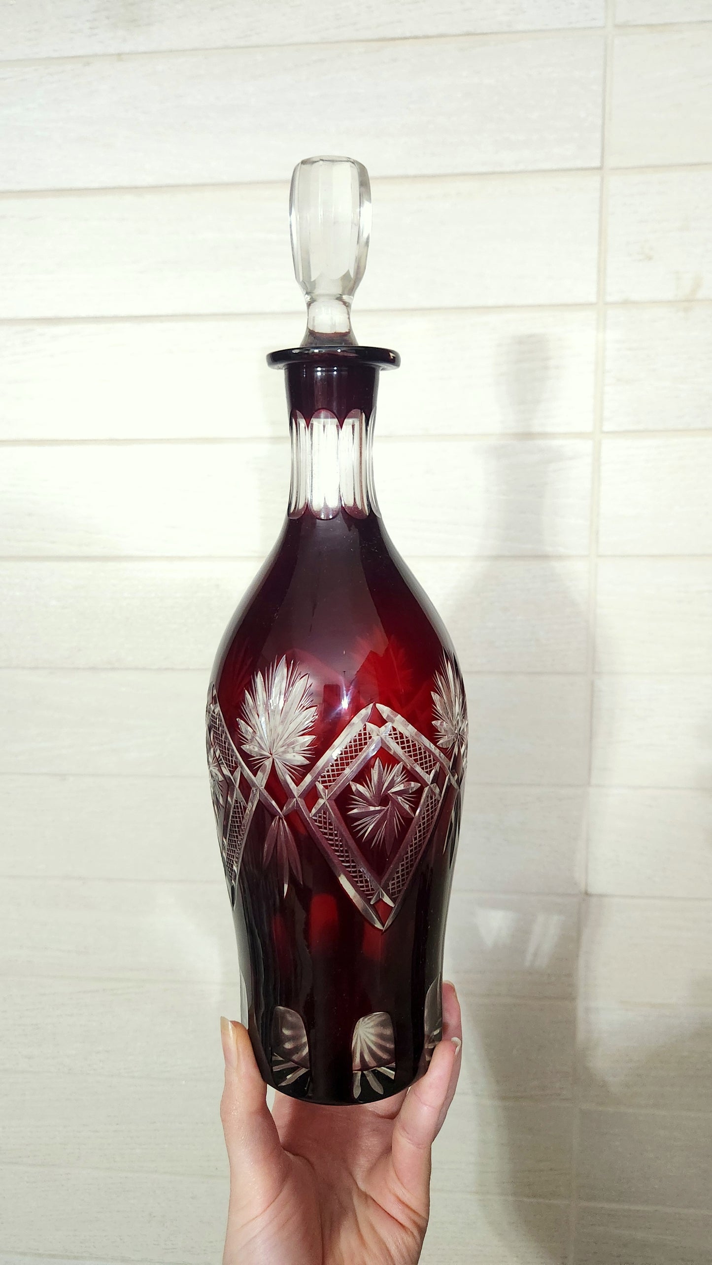 Bohemian Ruby Red Cut-to-Clear Crystal Decanter & 6 Wine Goblets Set