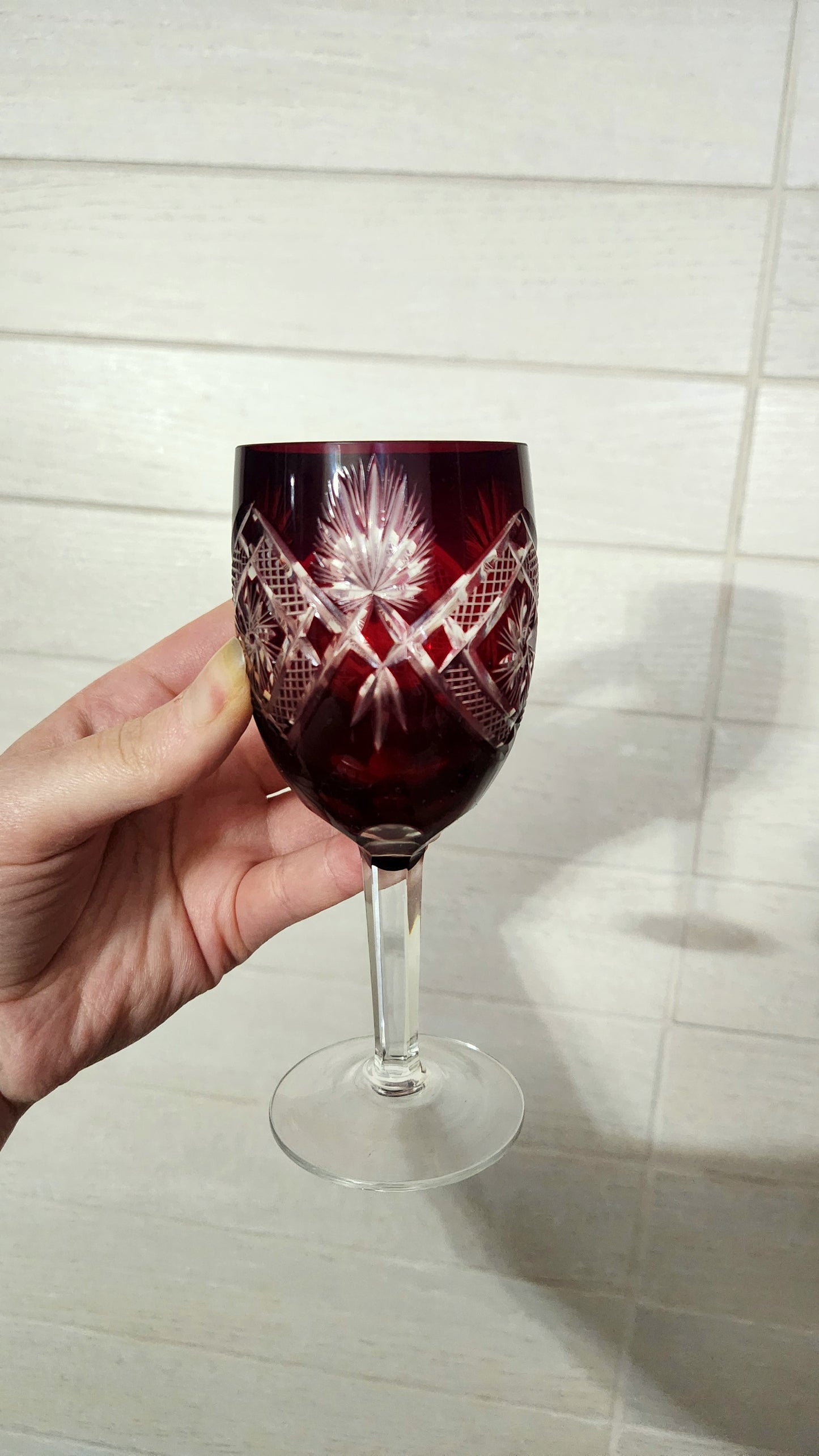 Bohemian Ruby Red Cut-to-Clear Crystal Decanter & 6 Wine Goblets Set