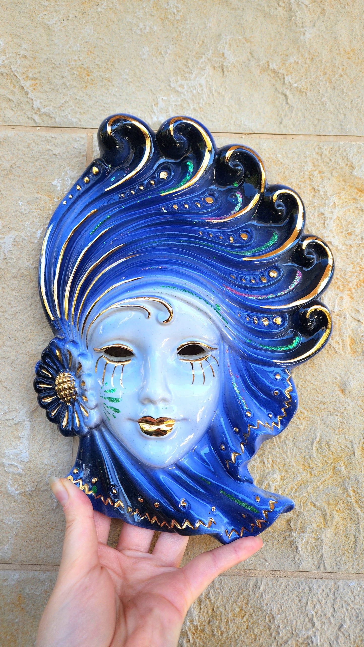 Jitrois Italy Ceramic Wall Mask - Blue & Gold Venetian Style