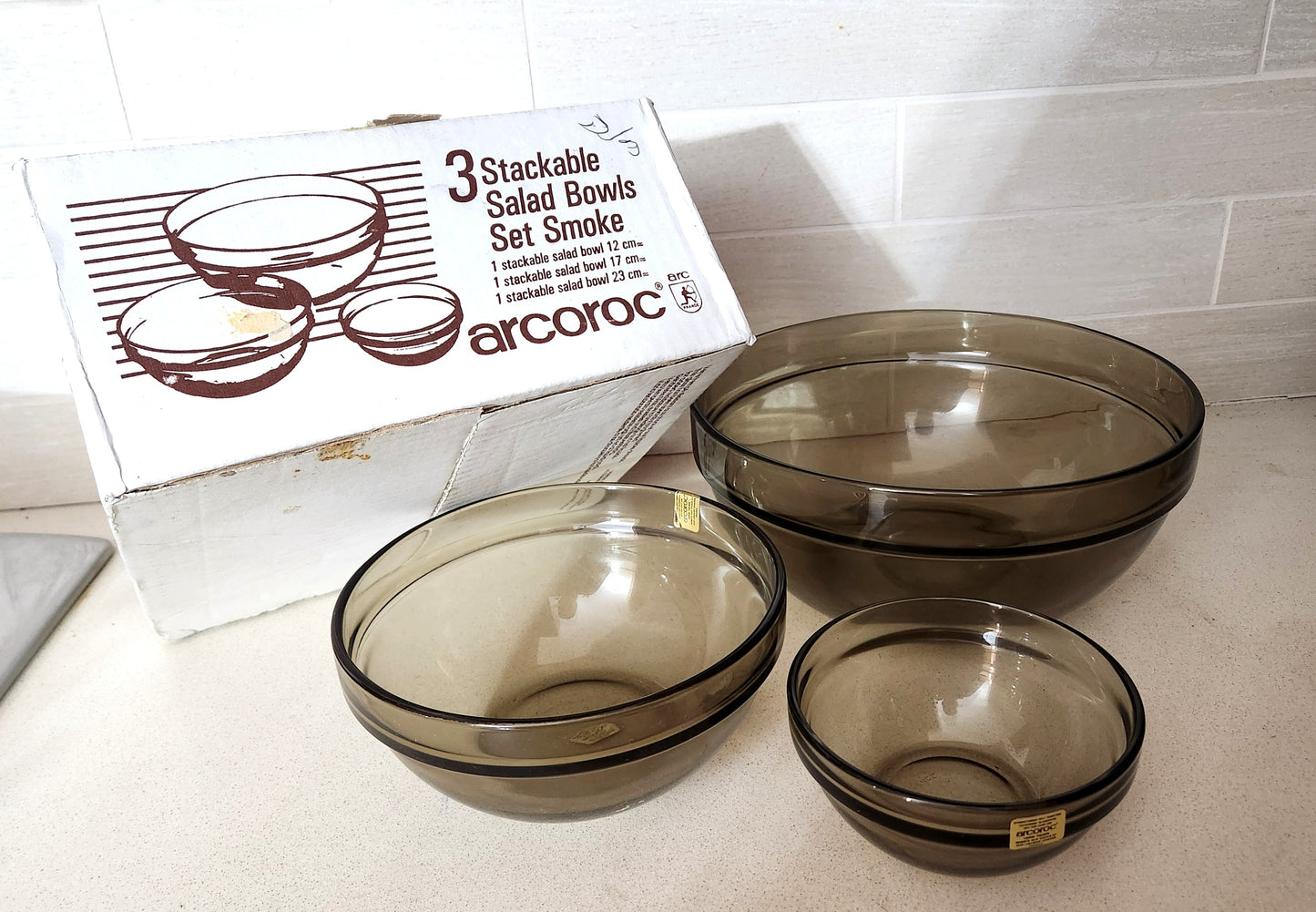 Arcoroc France Smoke Glass Stackable Salad Bowl Set of 3