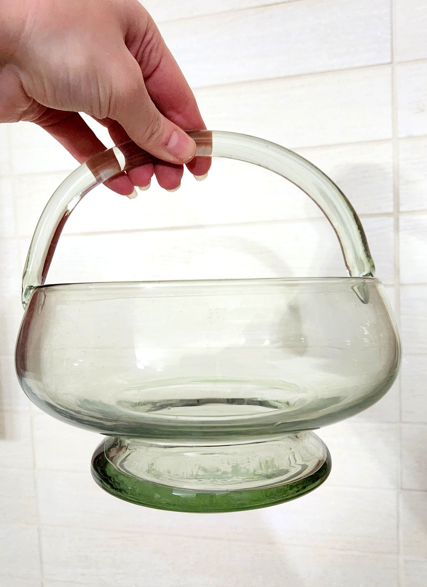 Hand-Blown Light Green Glass Basket