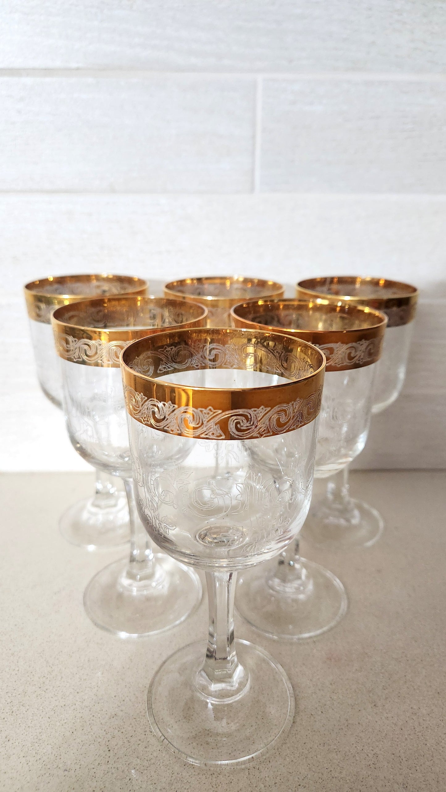 6 Italian Interglass 24K Gold Gilt Wine Glasses