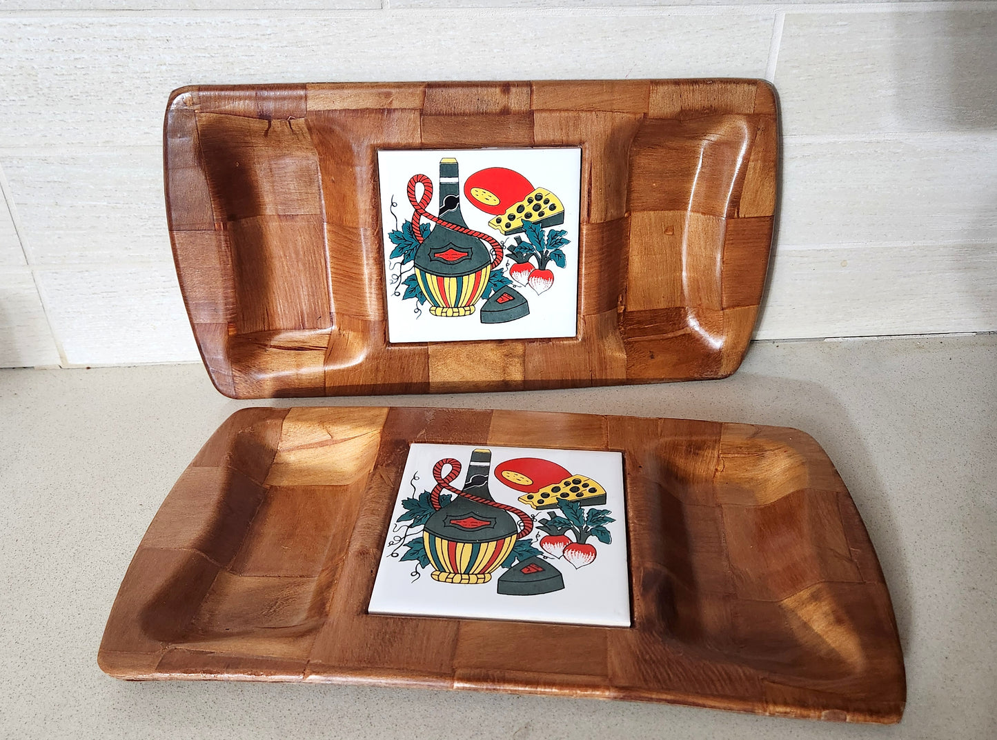 Mid-Century Woven Wood Divided Serving Tray with Inset Ceramic Tile