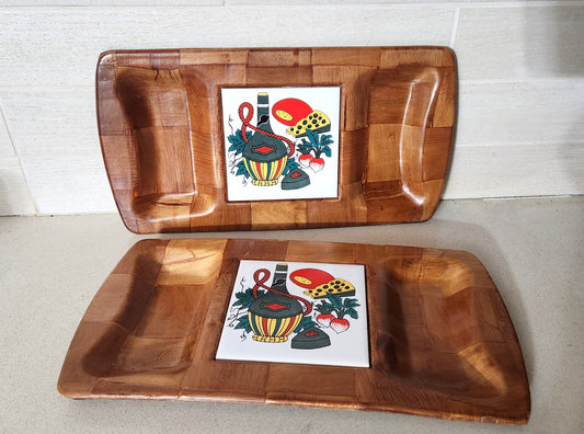 Mid-Century Woven Wood Divided Serving Tray with Inset Ceramic Tile
