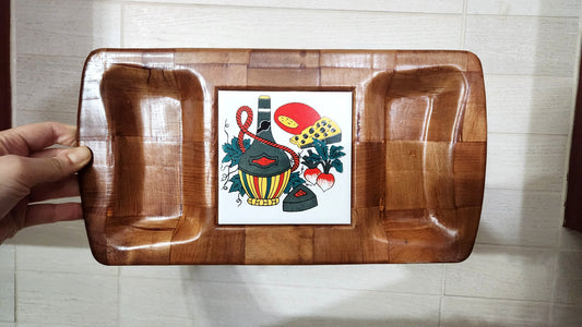 Mid-Century Woven Wood Divided Serving Tray with Inset Ceramic Tile