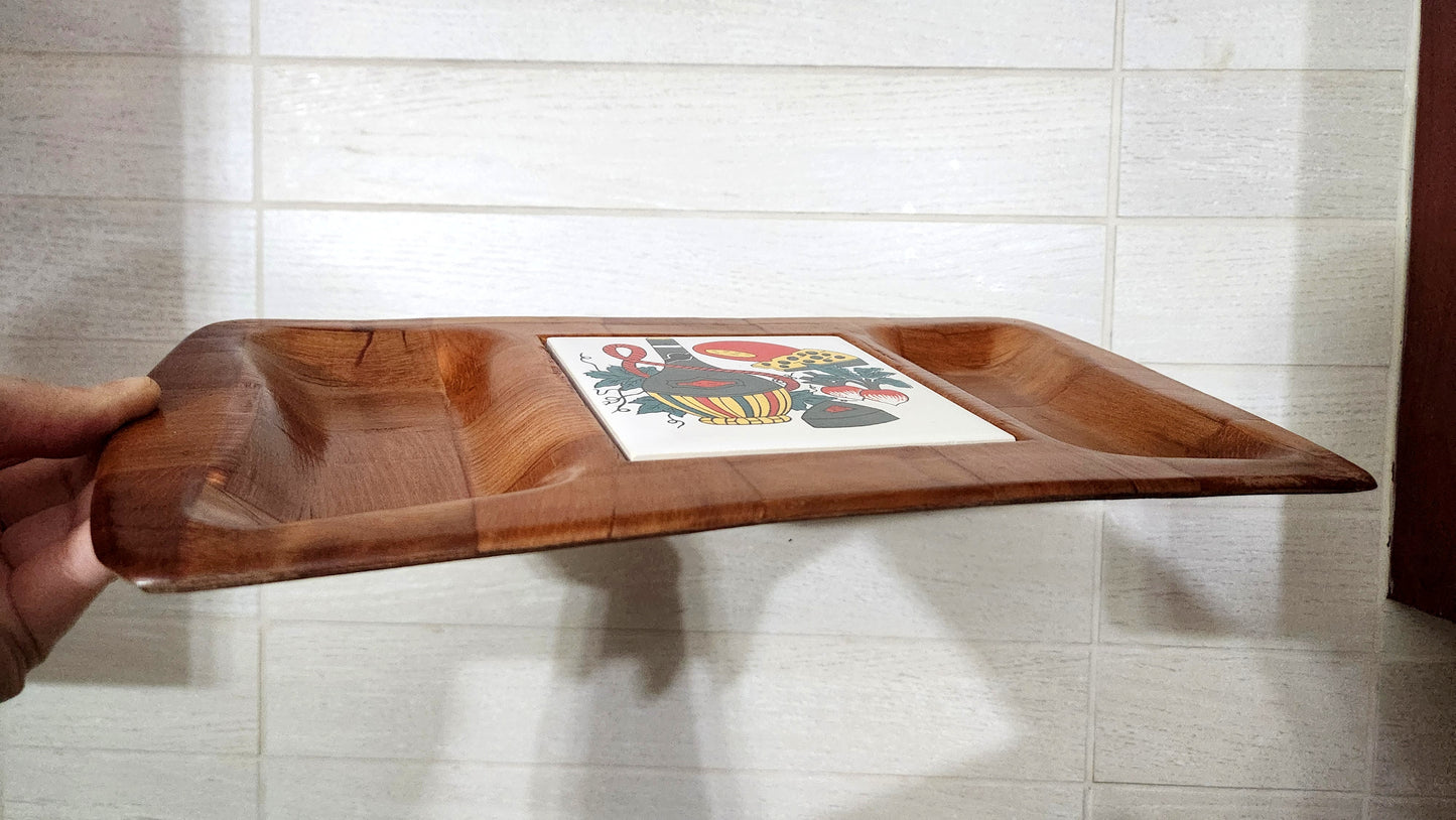 Mid-Century Woven Wood Divided Serving Tray with Inset Ceramic Tile