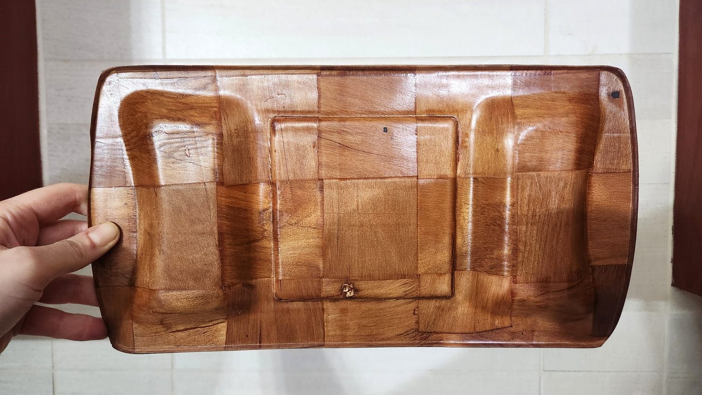 Mid-Century Woven Wood Divided Serving Tray with Inset Ceramic Tile