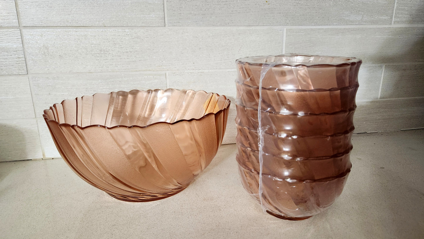 Arcoroc Rosaline Swirl Berry Dishes - 1 Big bowl + 6 small bowls
