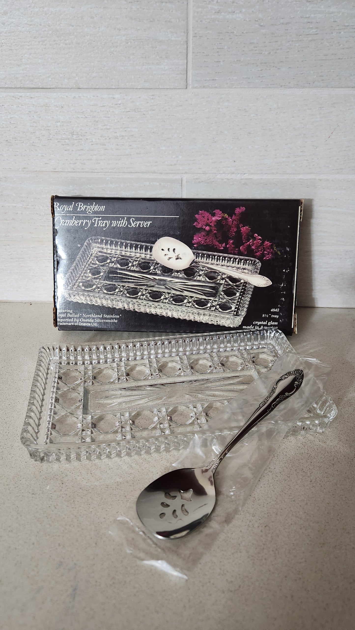 Royal Brighton Crystal Cranberry Tray with "Royal Ballad" Slotted Server