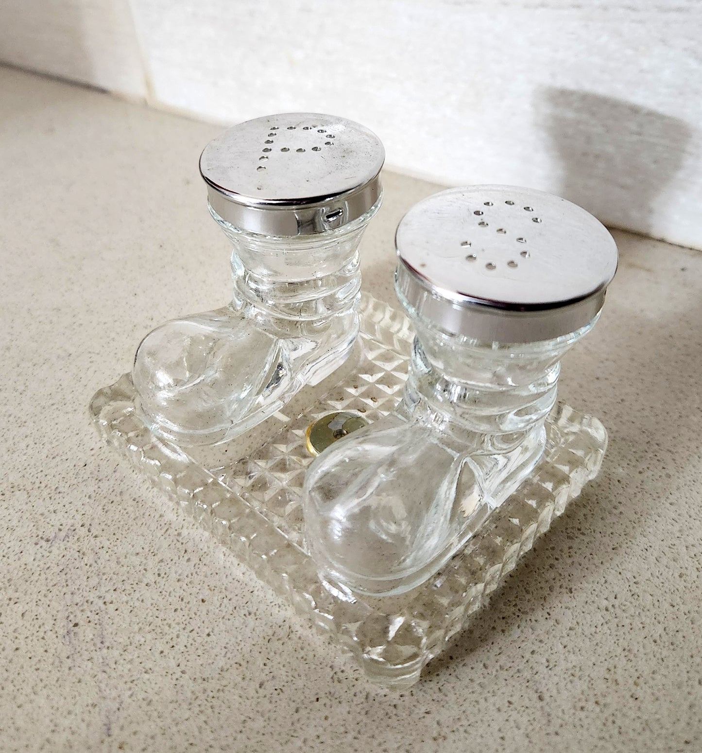 Glass Boot Salt and Pepper Shakers With Tray Set