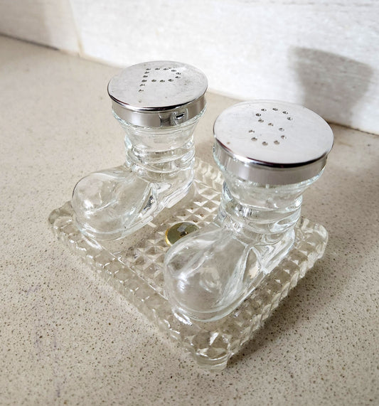 Glass Boot Salt and Pepper Shakers With Tray Set