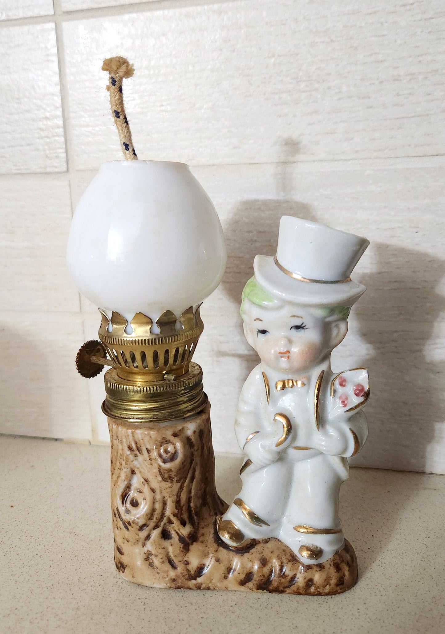 Porcelain Boy Figurine Miniature Oil Lamp