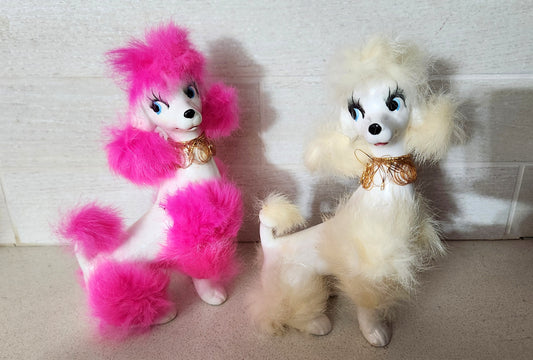 Ceramic Poodle Figurines with Pink and White Faux Fur