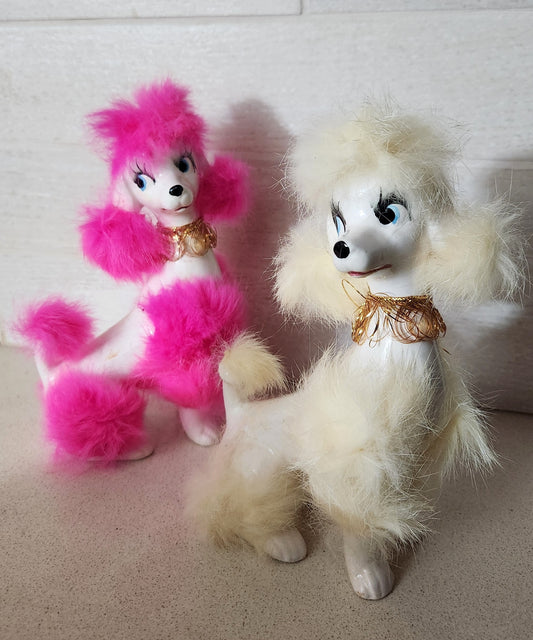 Ceramic Poodle Figurines with Pink and White Faux Fur