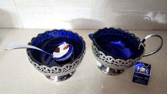 Cobalt Blue Glass Creamer and Sugar Bowl Set