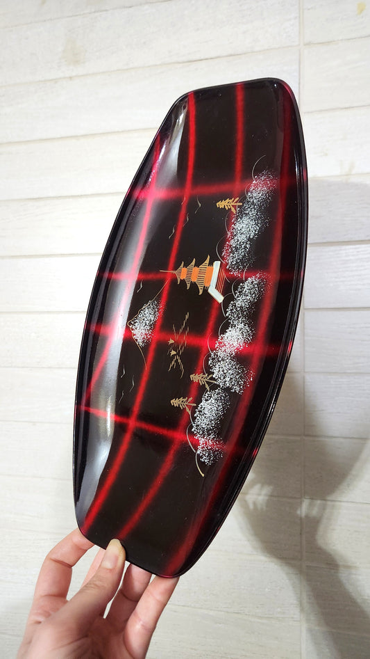 Japanese Red & Black Lacquered Tartan Plaid Tray Set
