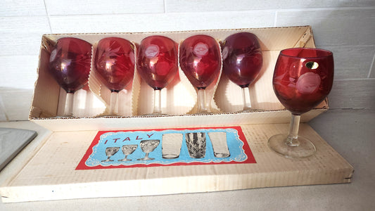 6 SAIVO Italy Ruby Red Stemmed Wine Glasses