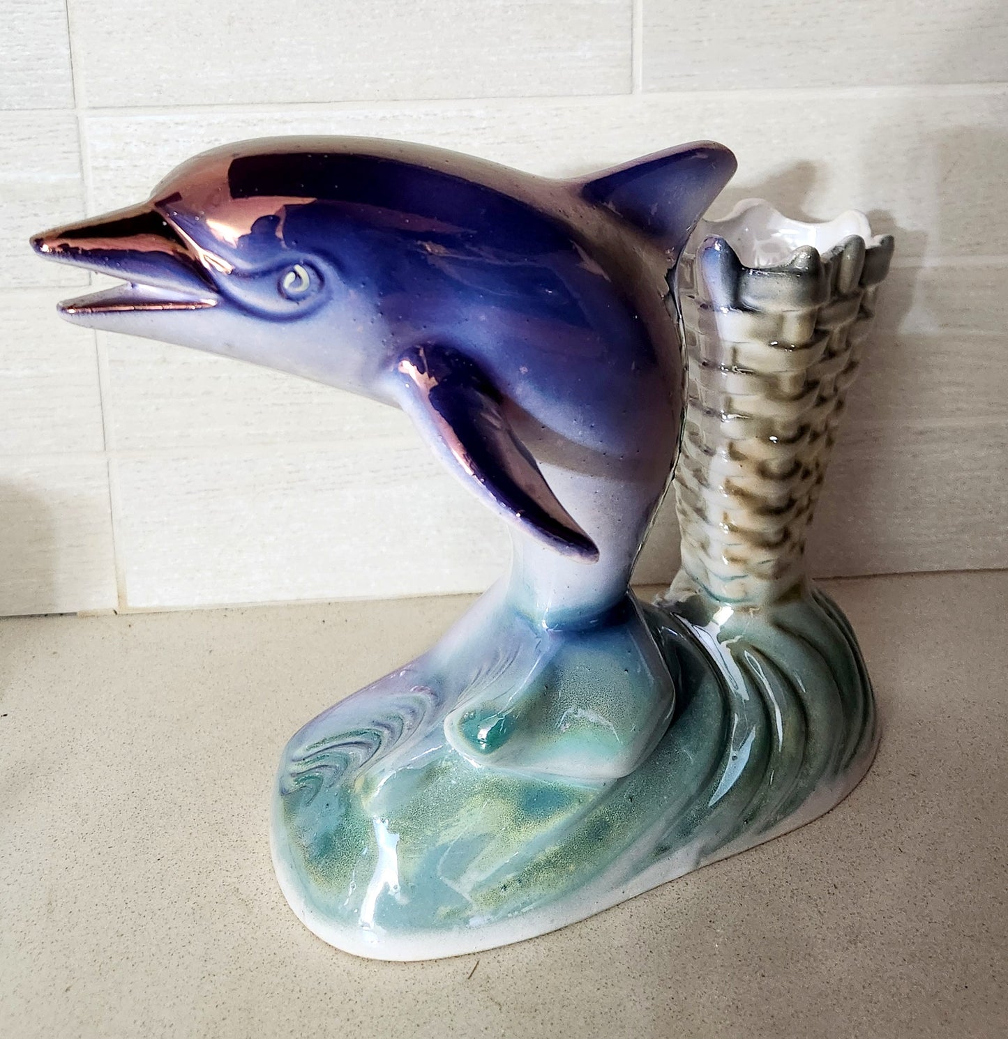 Iridescent Lusterware Ceramic Dolphin & Basket Planter/Vase Figurine