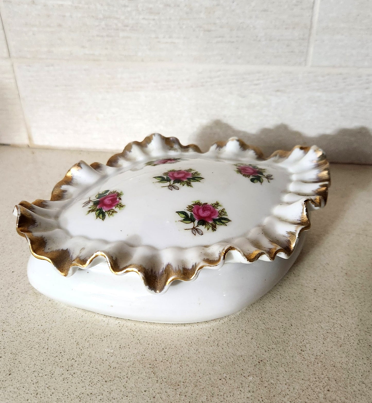 Porcelain Lidded Trinket Box with Pink Roses