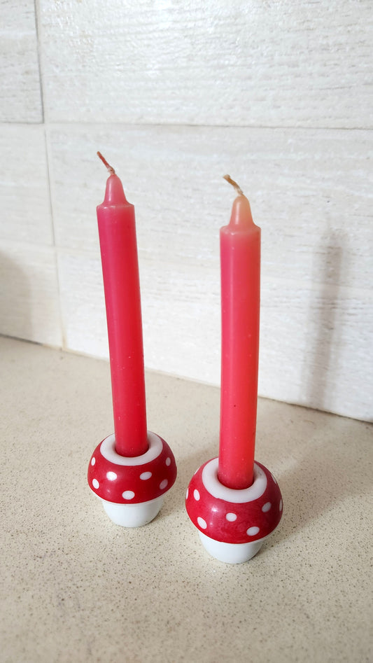 Red & White Polka Dot Mushroom Ceramic Candle Holders