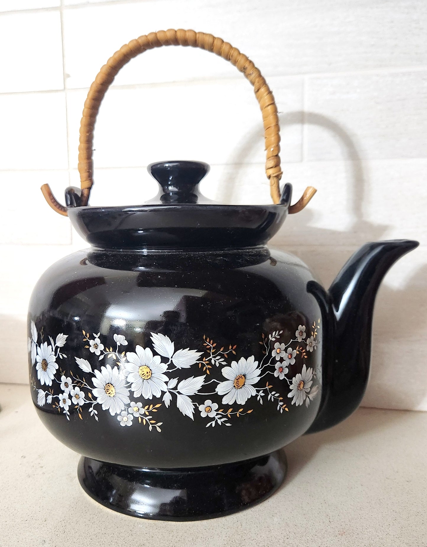 Beit Hayotzer Black Ceramic Teapot with Daisies & Bamboo Handle