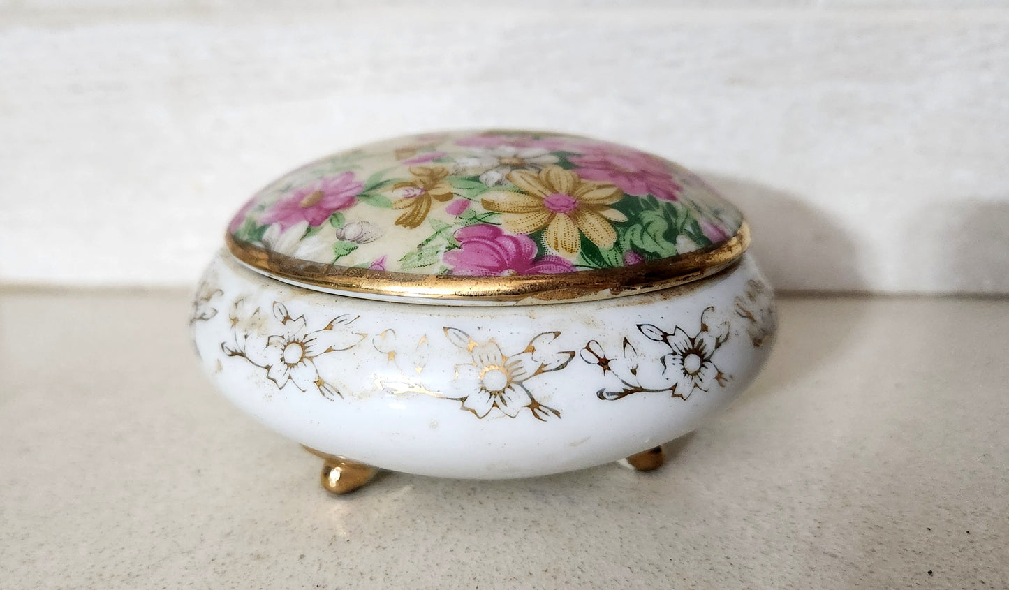 Diamond China Floral Trinket Box with Gold Trim and Tripod Feet