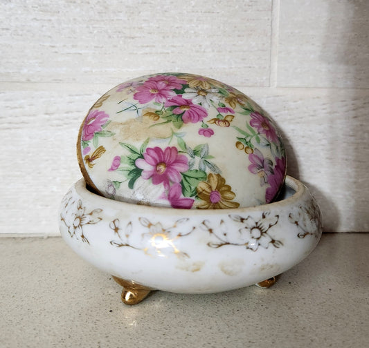 Diamond China Floral Trinket Box with Gold Trim and Tripod Feet