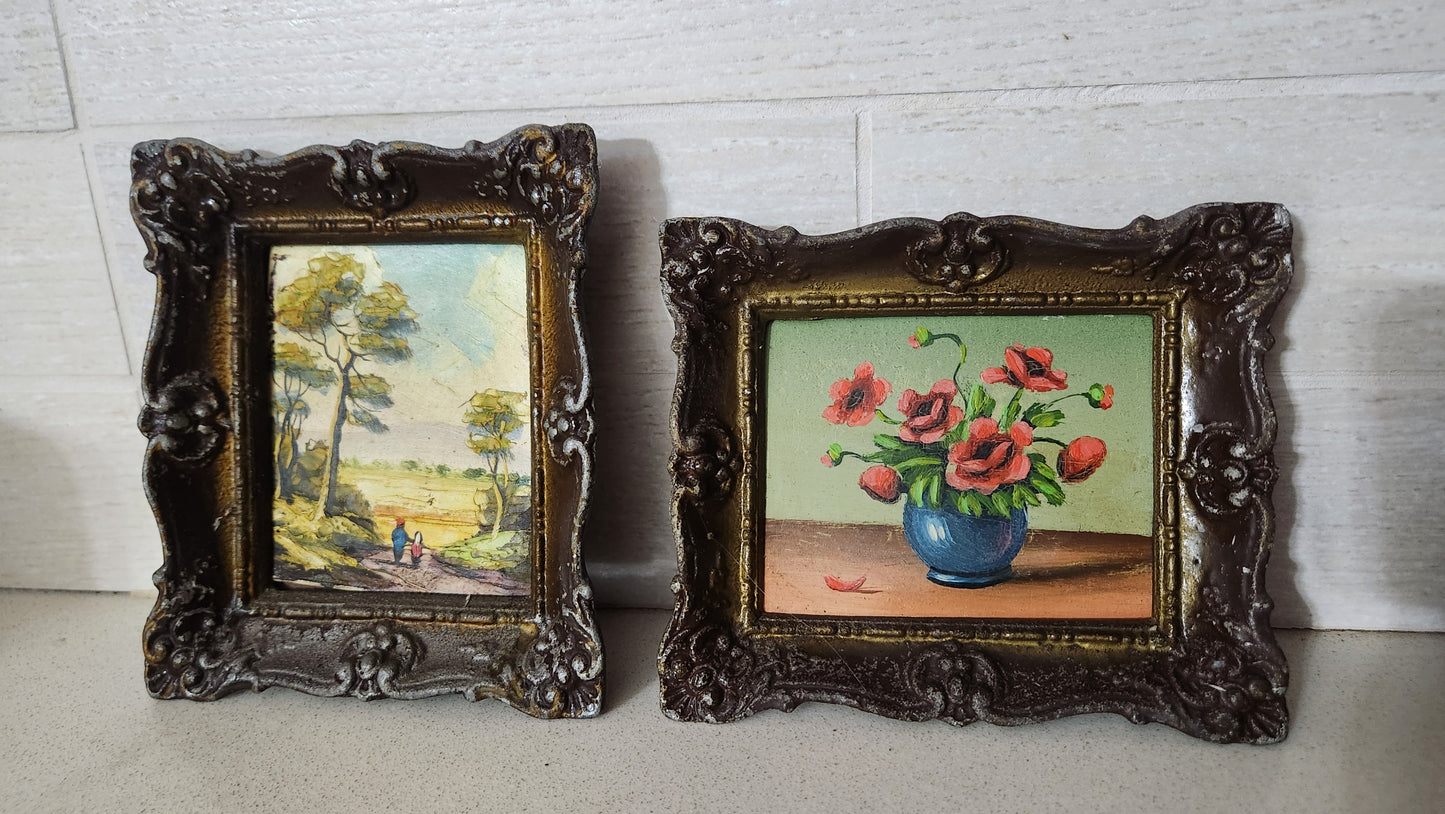 Signed Vintage Miniature Paintings - Floral Still Life & Landscape