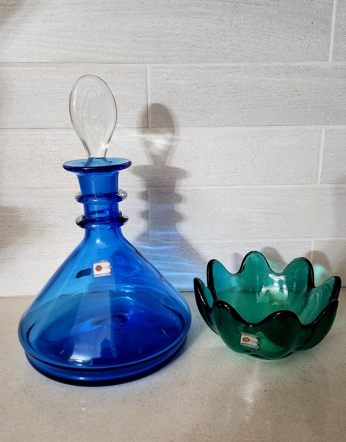 Blenko Glass Cobalt Blue Decanter and Teal Green Lotus Bowl Set