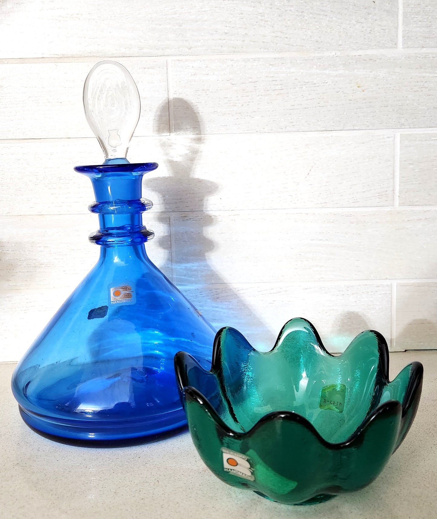 Blenko Glass Cobalt Blue Decanter and Teal Green Lotus Bowl Set