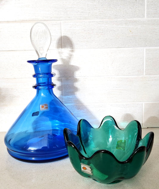 Blenko Glass Cobalt Blue Decanter and Teal Green Lotus Bowl Set