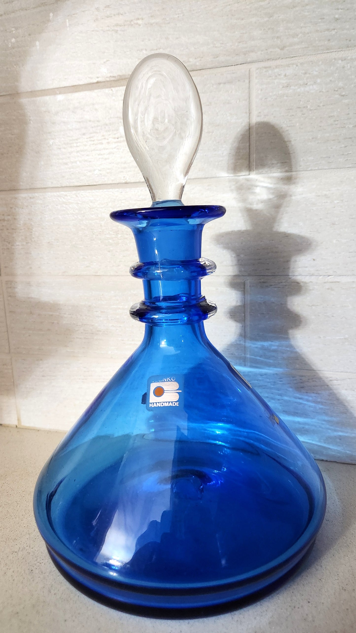 Blenko Glass Cobalt Blue Decanter and Teal Green Lotus Bowl Set
