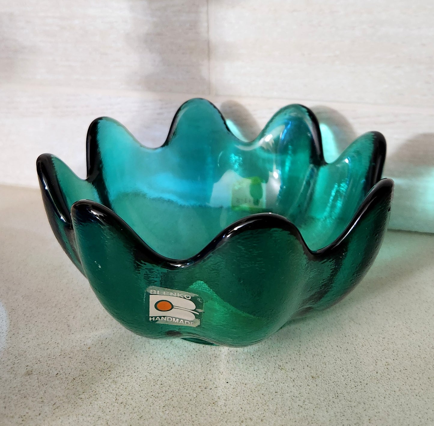 Blenko Glass Cobalt Blue Decanter and Teal Green Lotus Bowl Set