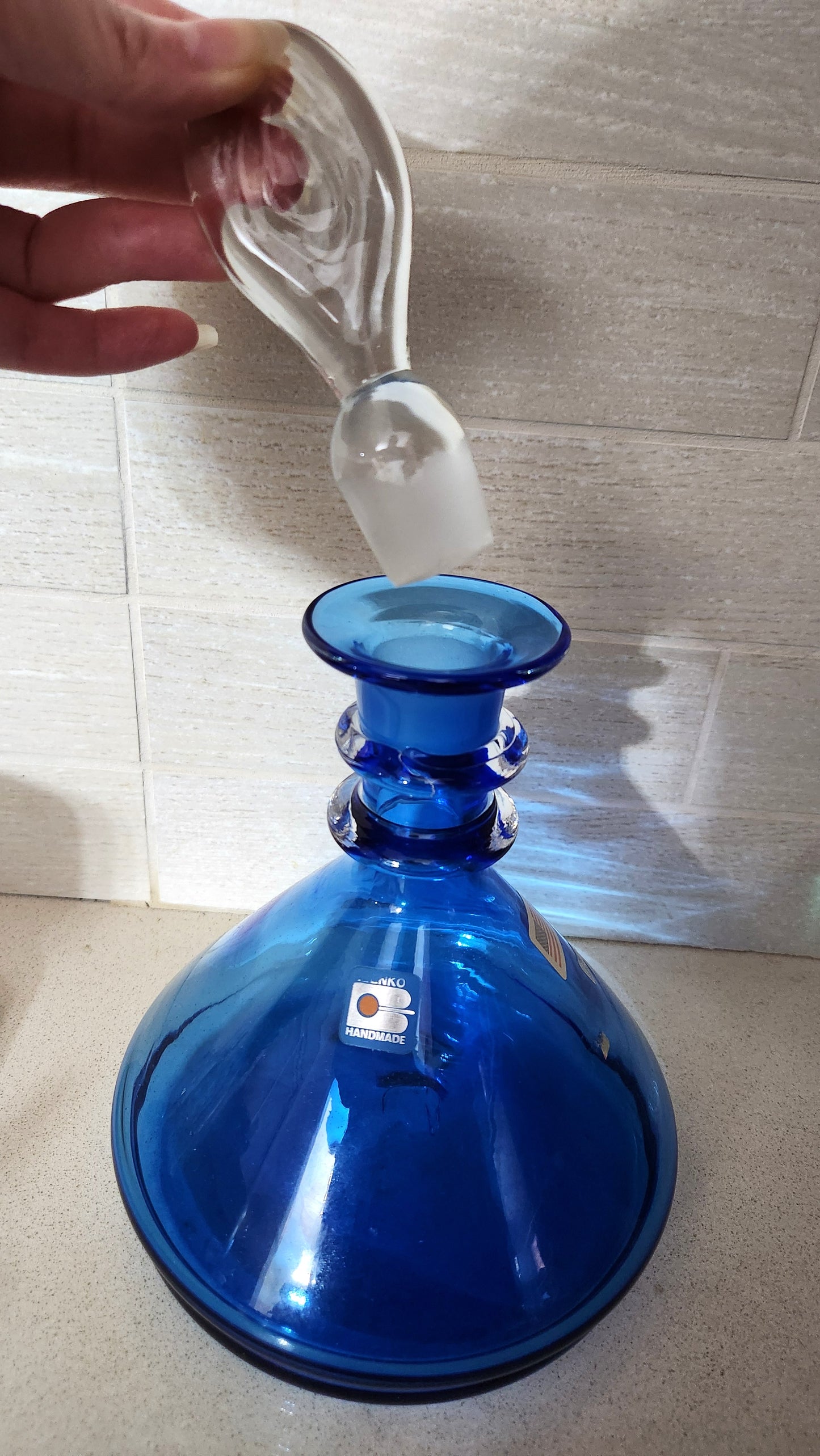 Blenko Glass Cobalt Blue Decanter and Teal Green Lotus Bowl Set