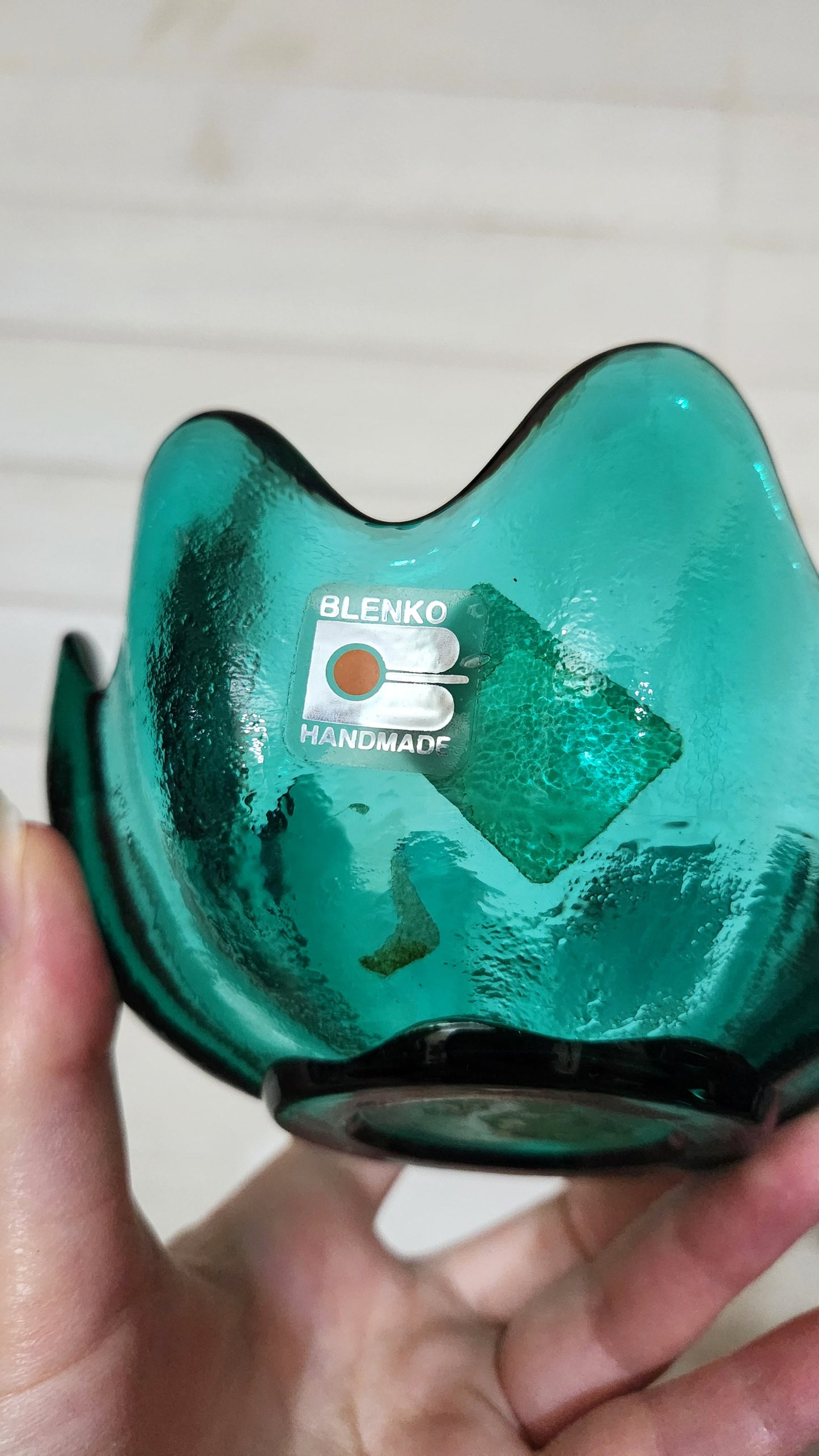 Blenko Glass Cobalt Blue Decanter and Teal Green Lotus Bowl Set