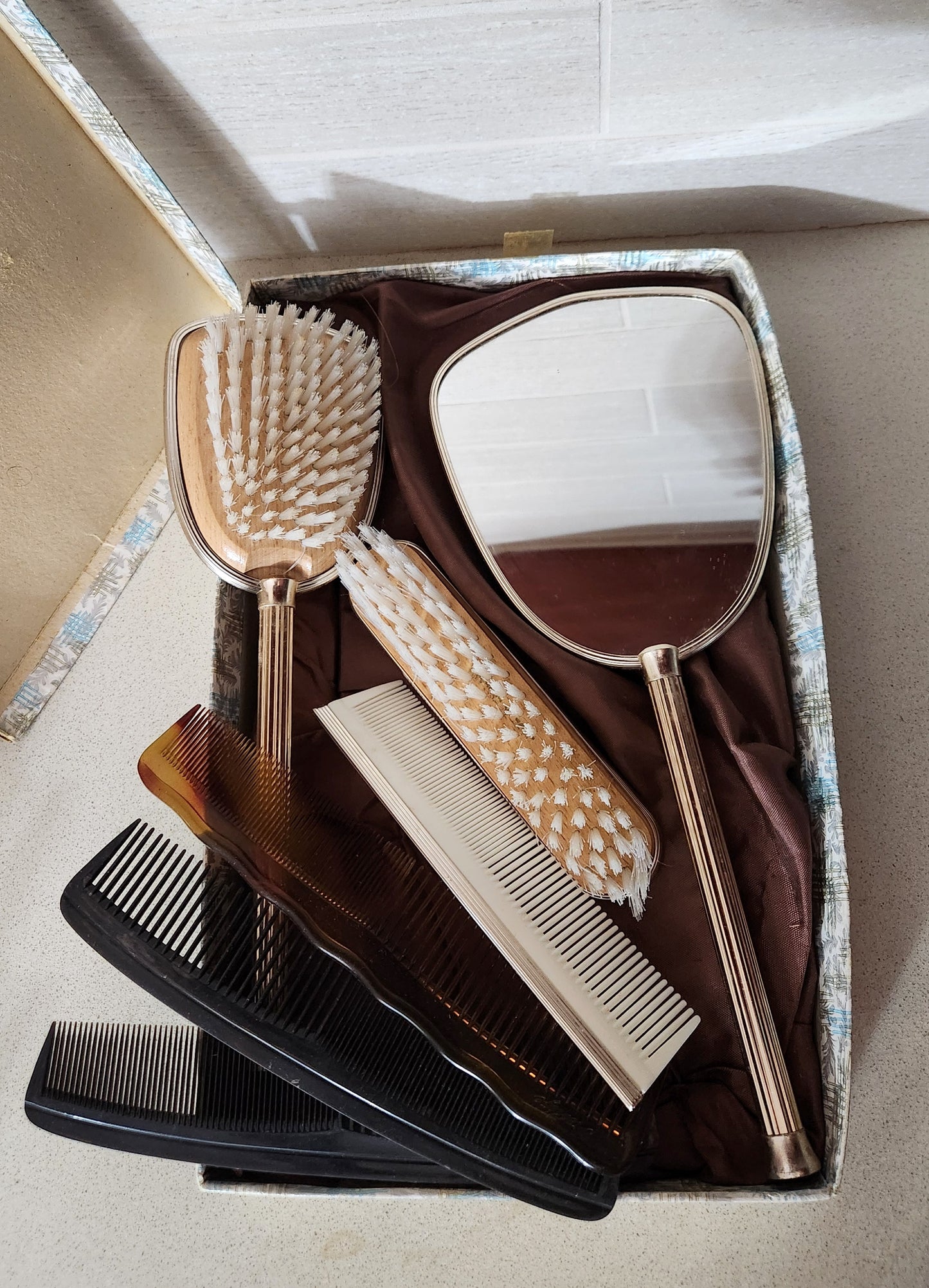 Petit Point Vanity Set with Mirror, Brushes, and Combs