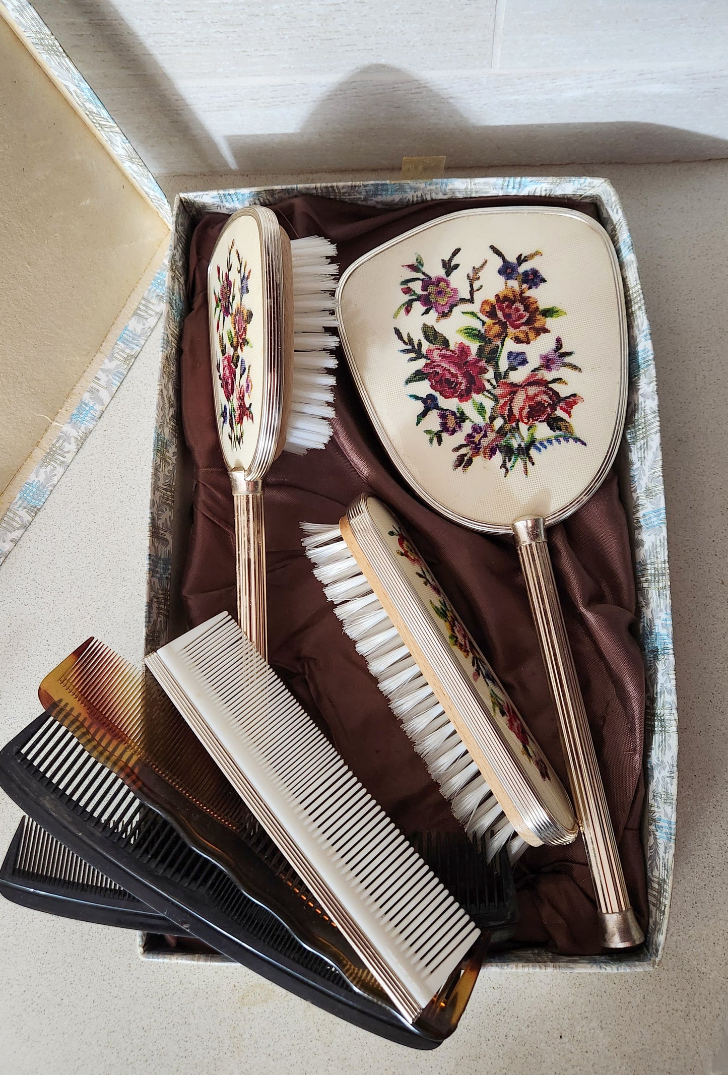 Petit Point Vanity Set with Mirror, Brushes, and Combs