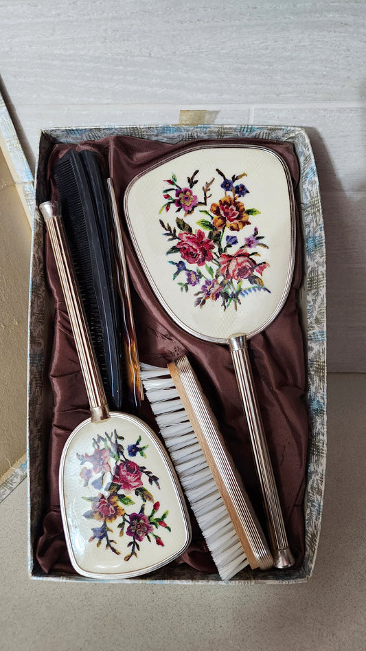 Petit Point Vanity Set with Mirror, Brushes, and Combs