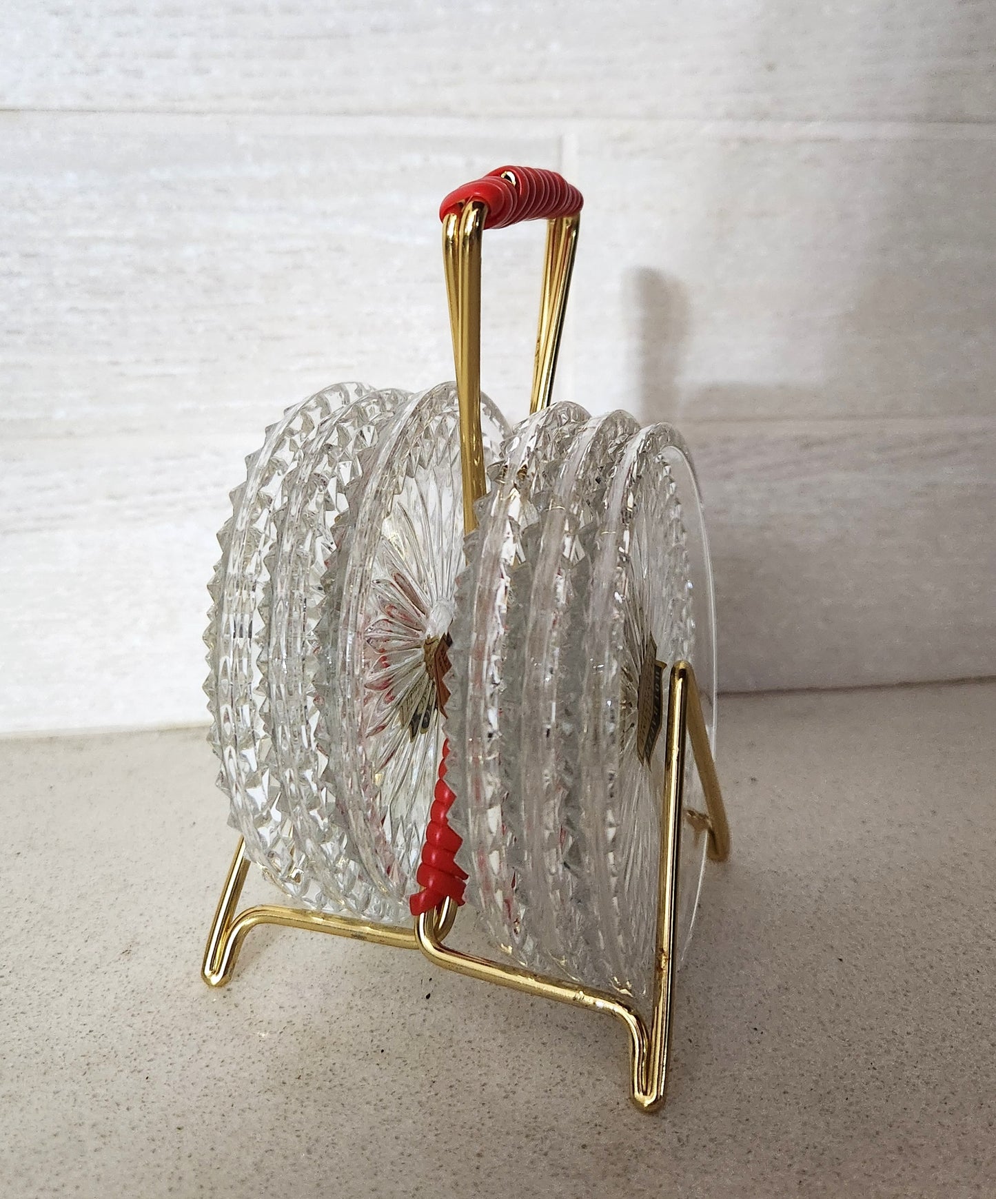50s Hofbauer 24% Lead Crystal Wine Glass Coasters Set with Metal Stand