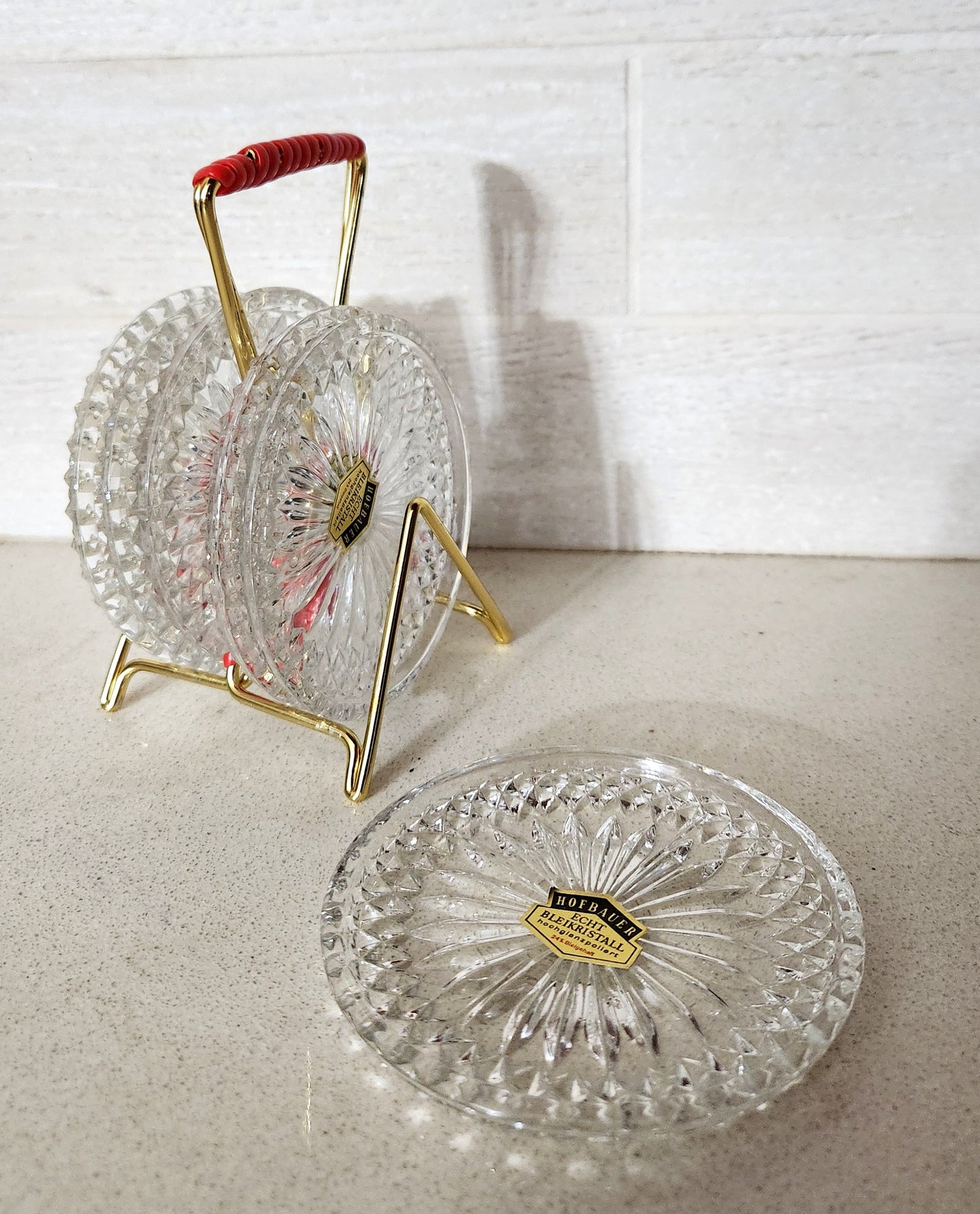 50s Hofbauer 24% Lead Crystal Wine Glass Coasters Set with Metal Stand