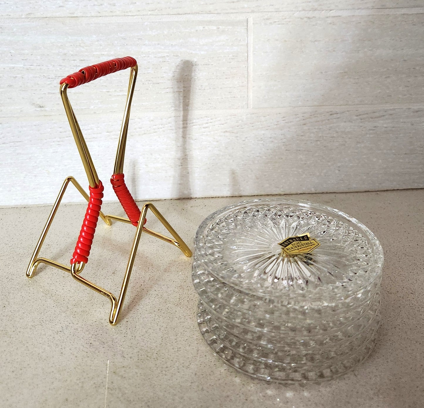 50s Hofbauer 24% Lead Crystal Wine Glass Coasters Set with Metal Stand