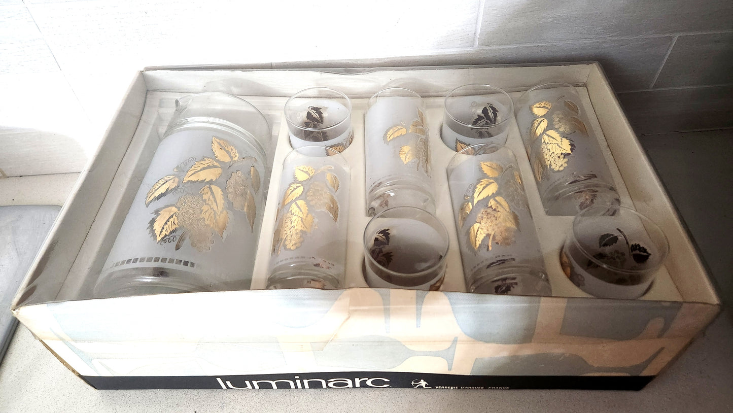 Luminarc France Frosted Glass Water Pitcher & 8 Glasses Set