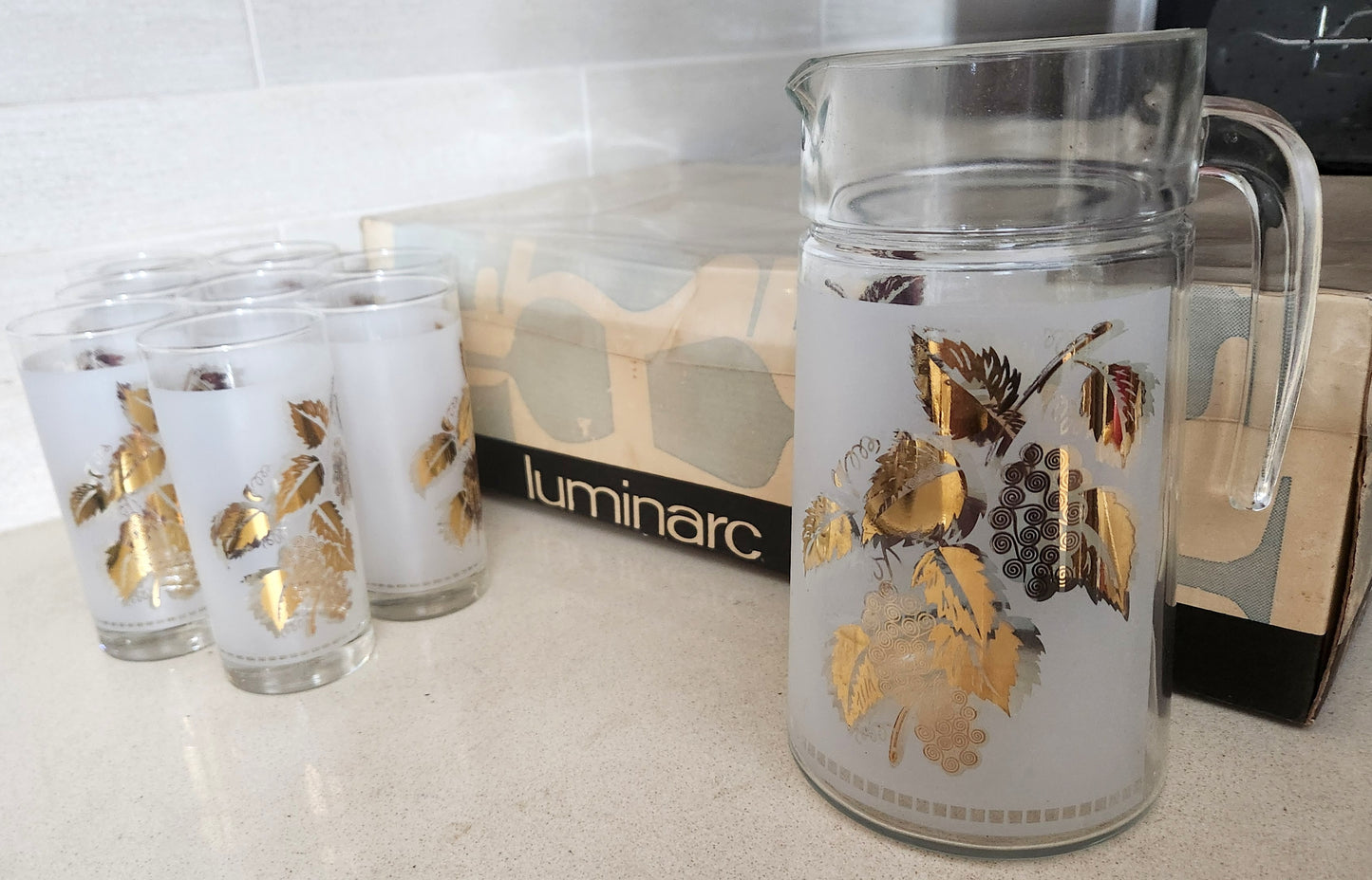 Luminarc France Frosted Glass Water Pitcher & 8 Glasses Set