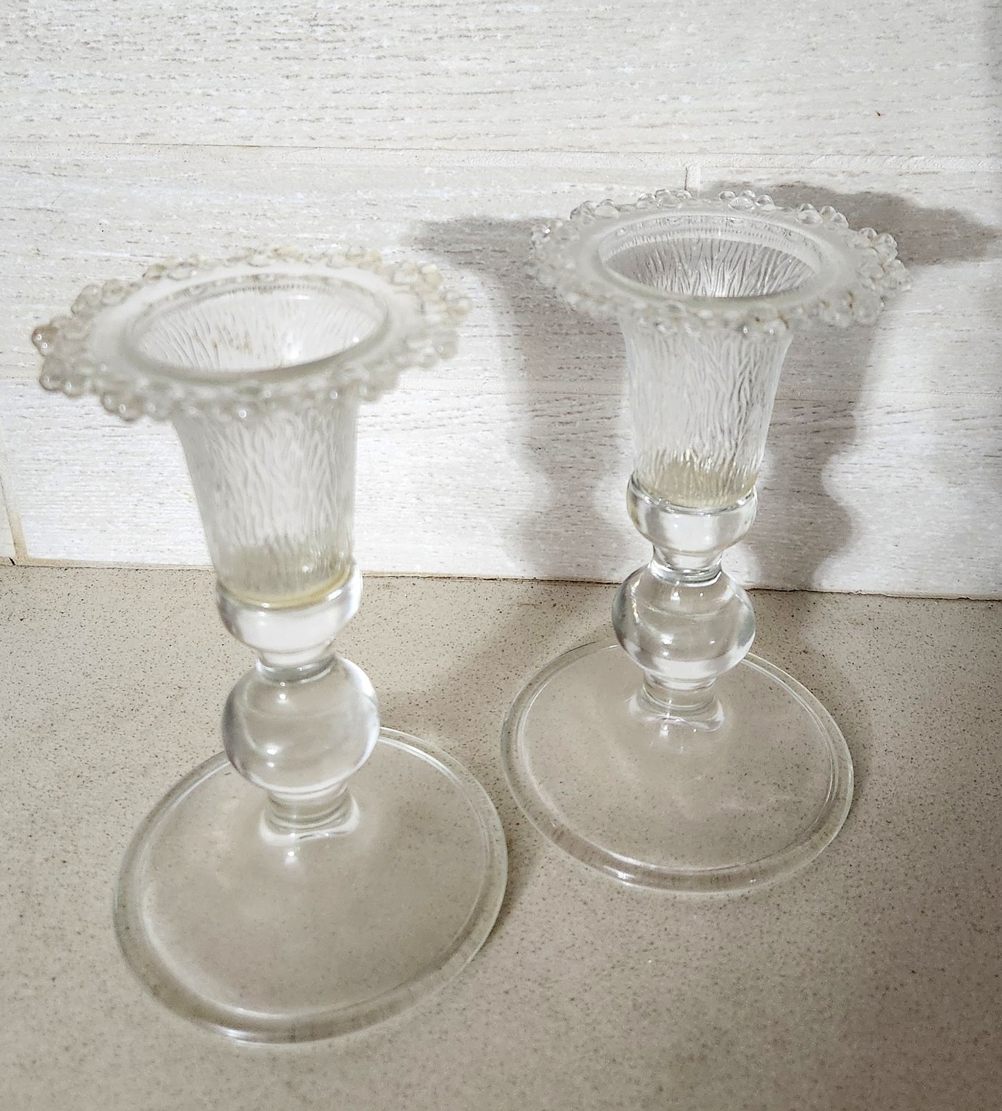Pair of Clear Pressed Glass Candlestick Holders with Bark Texture