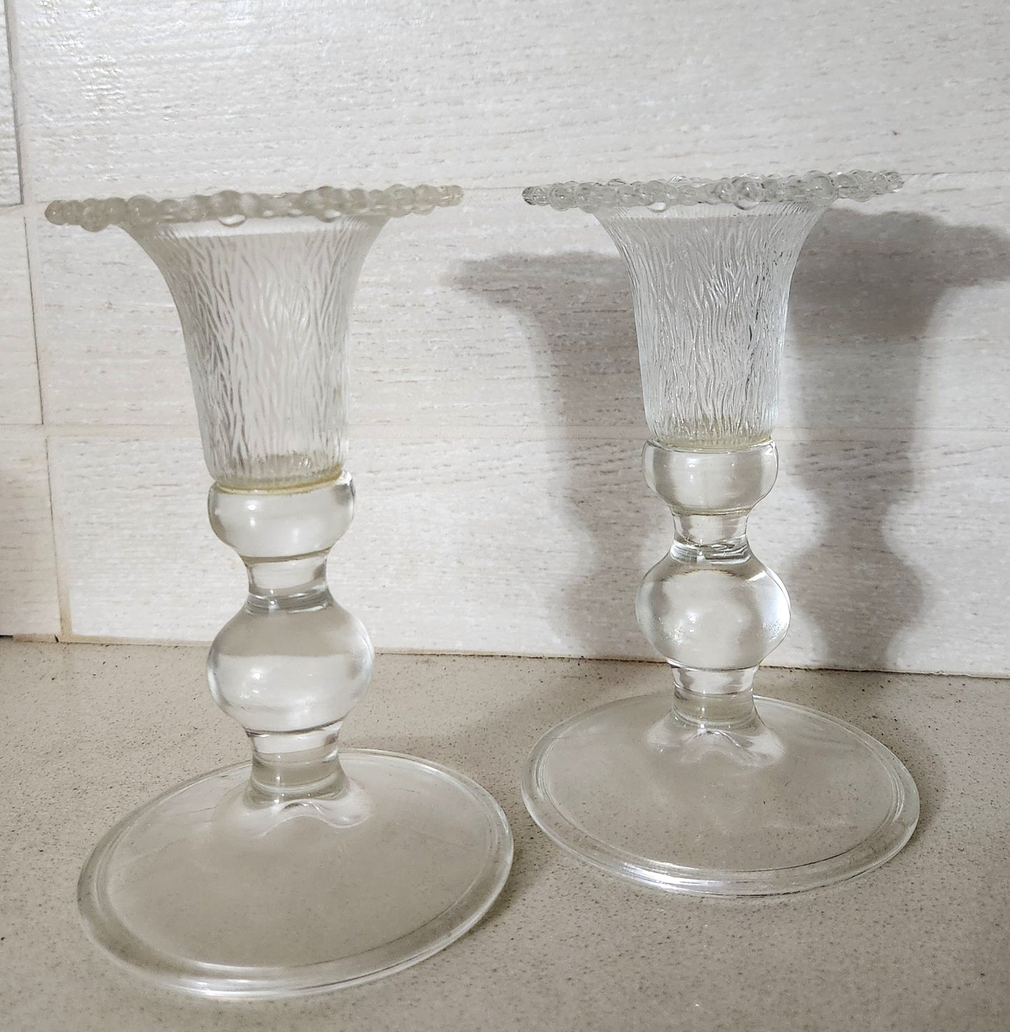 Pair of Clear Pressed Glass Candlestick Holders with Bark Texture