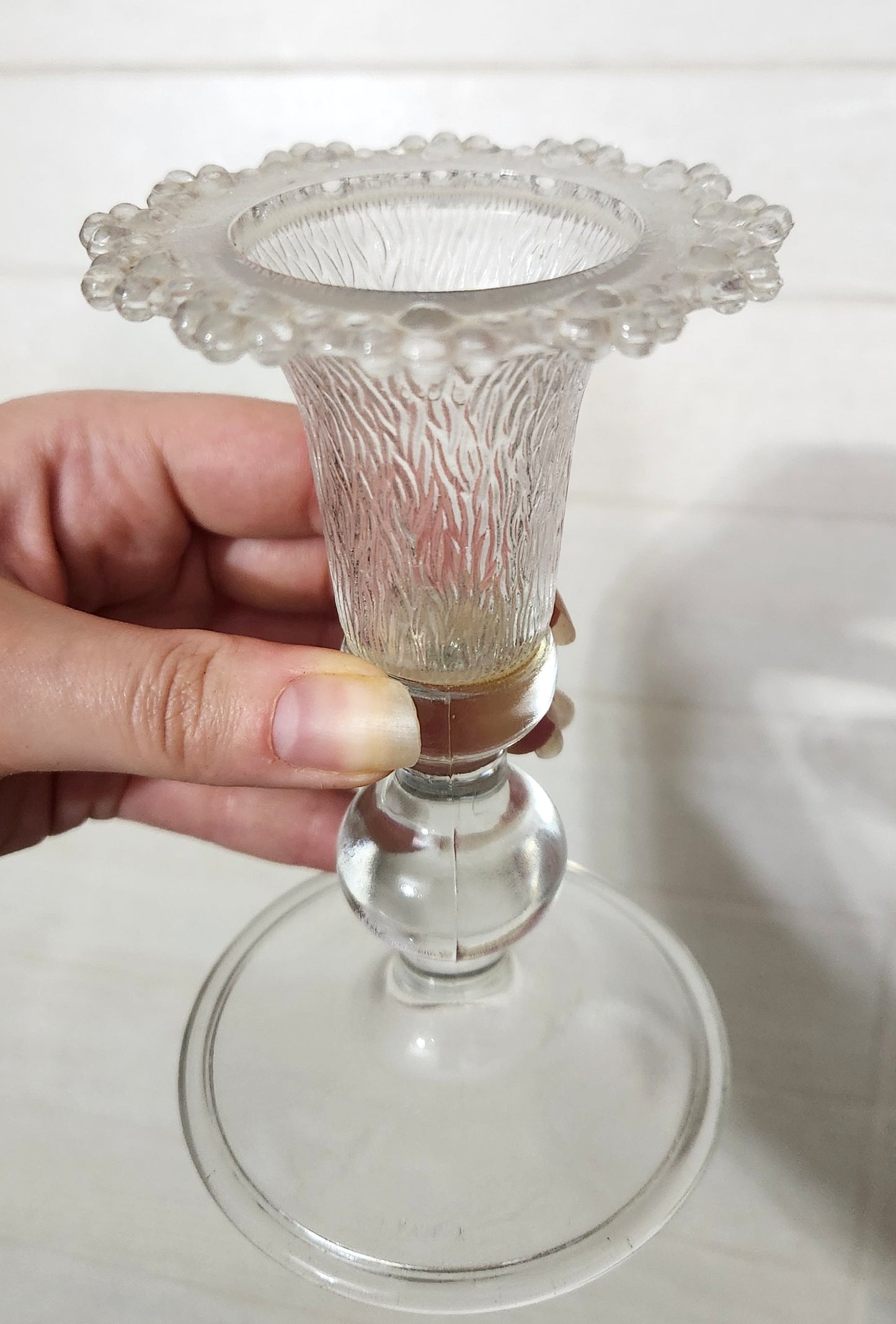 Pair of Clear Pressed Glass Candlestick Holders with Bark Texture