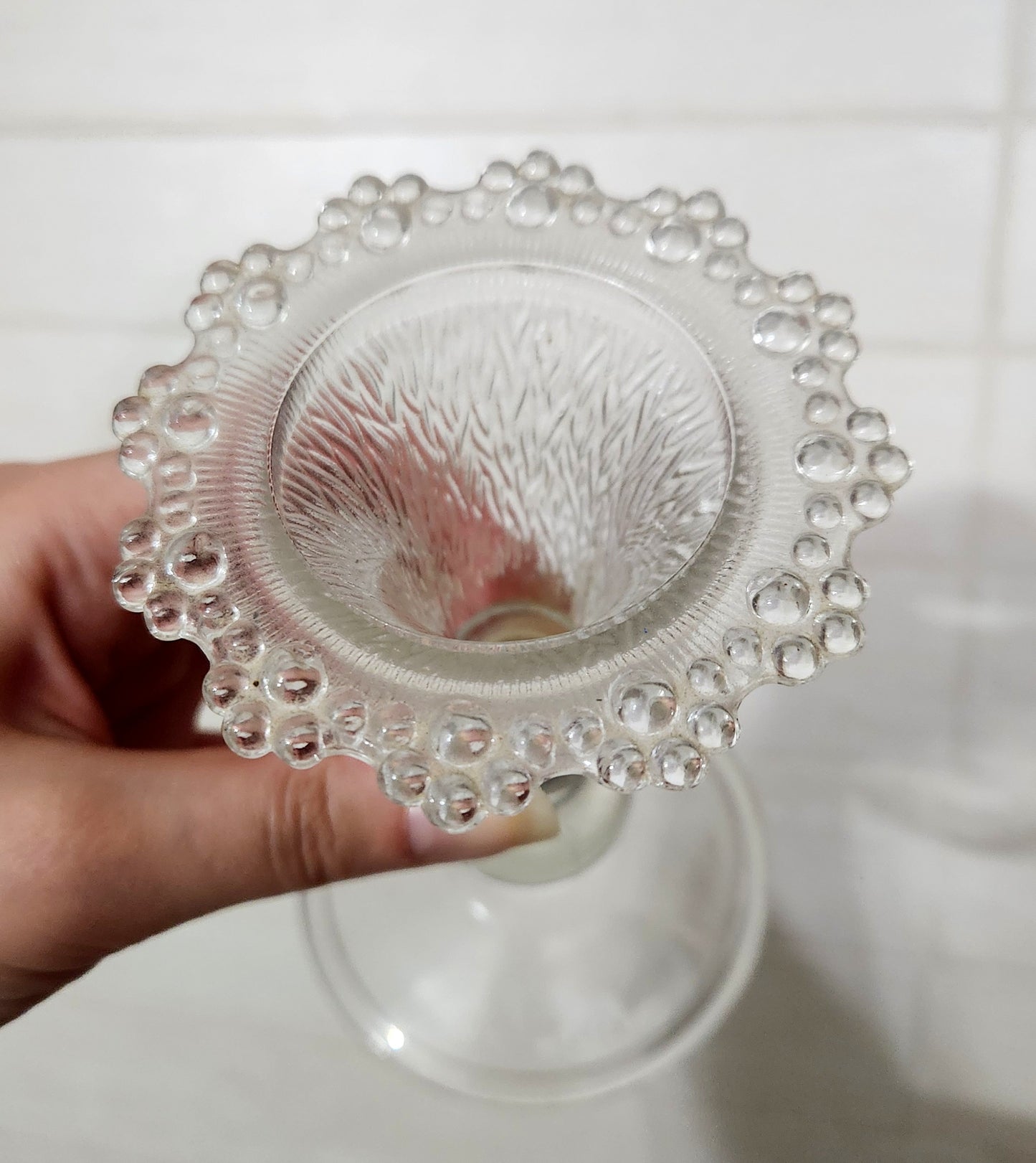 Pair of Clear Pressed Glass Candlestick Holders with Bark Texture