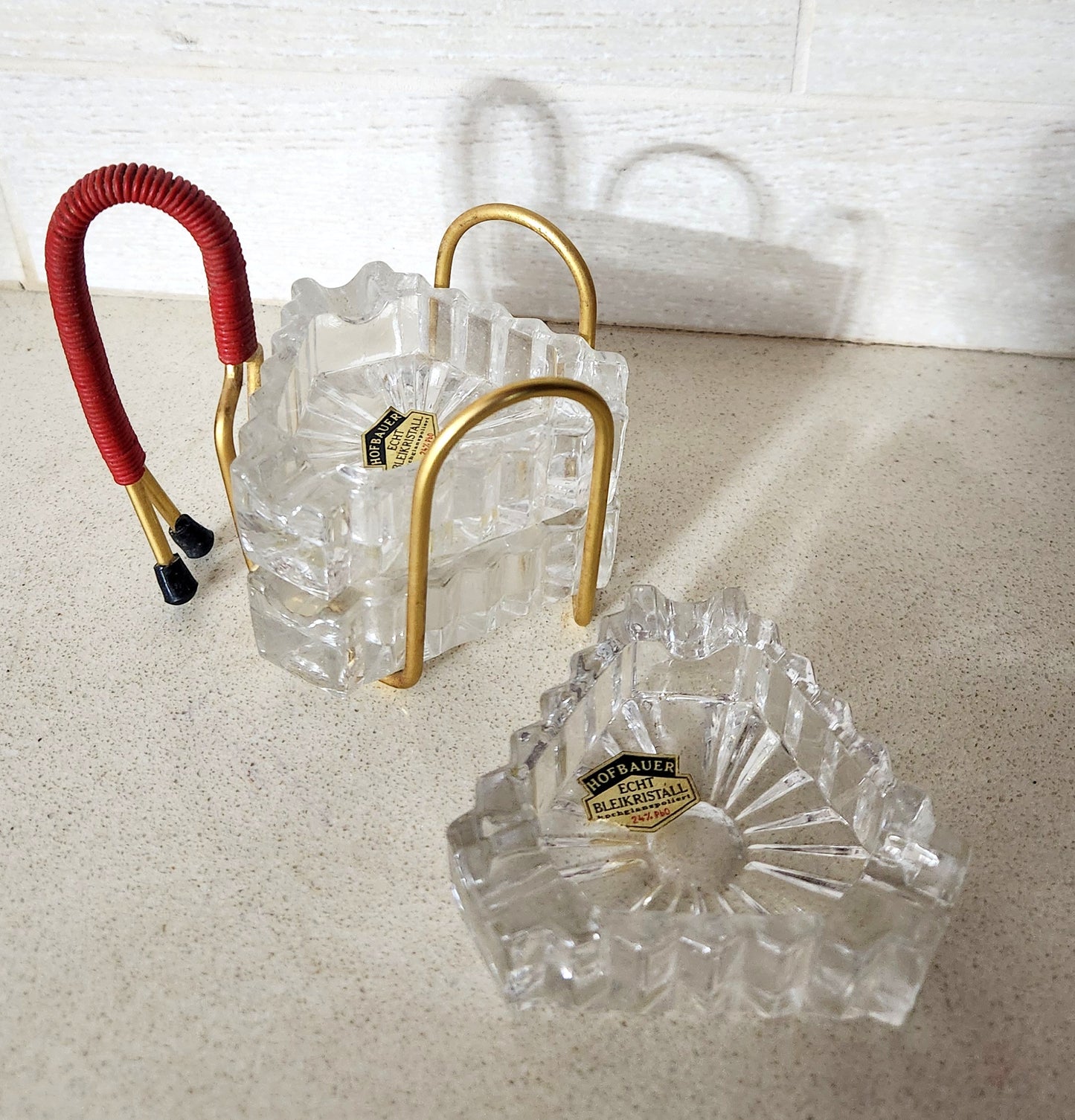 50s Hofbauer Bleikristall Triangular Crystal Ashtray Set