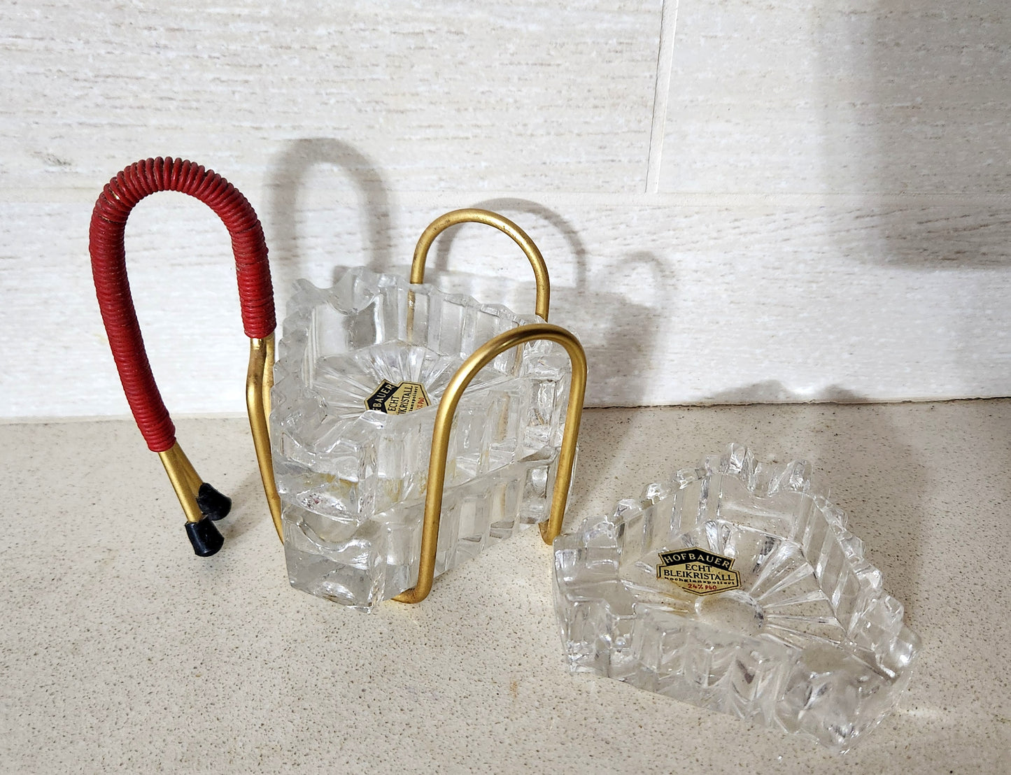 50s Hofbauer Bleikristall Triangular Crystal Ashtray Set